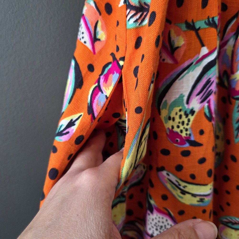 Kourt Small Orange Tropical Print Ruffle Mini Babydoll Dress Linen Blend Boho - Picture 4 of 8